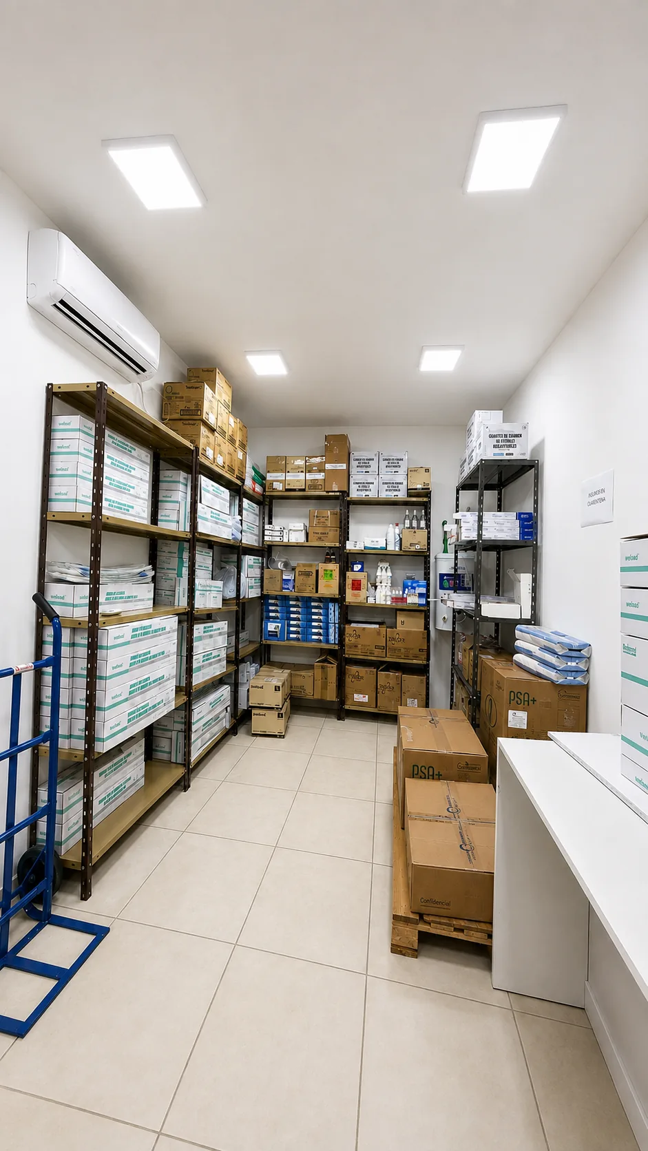 Estanterías con insumos en el depósito de Droguería P9
